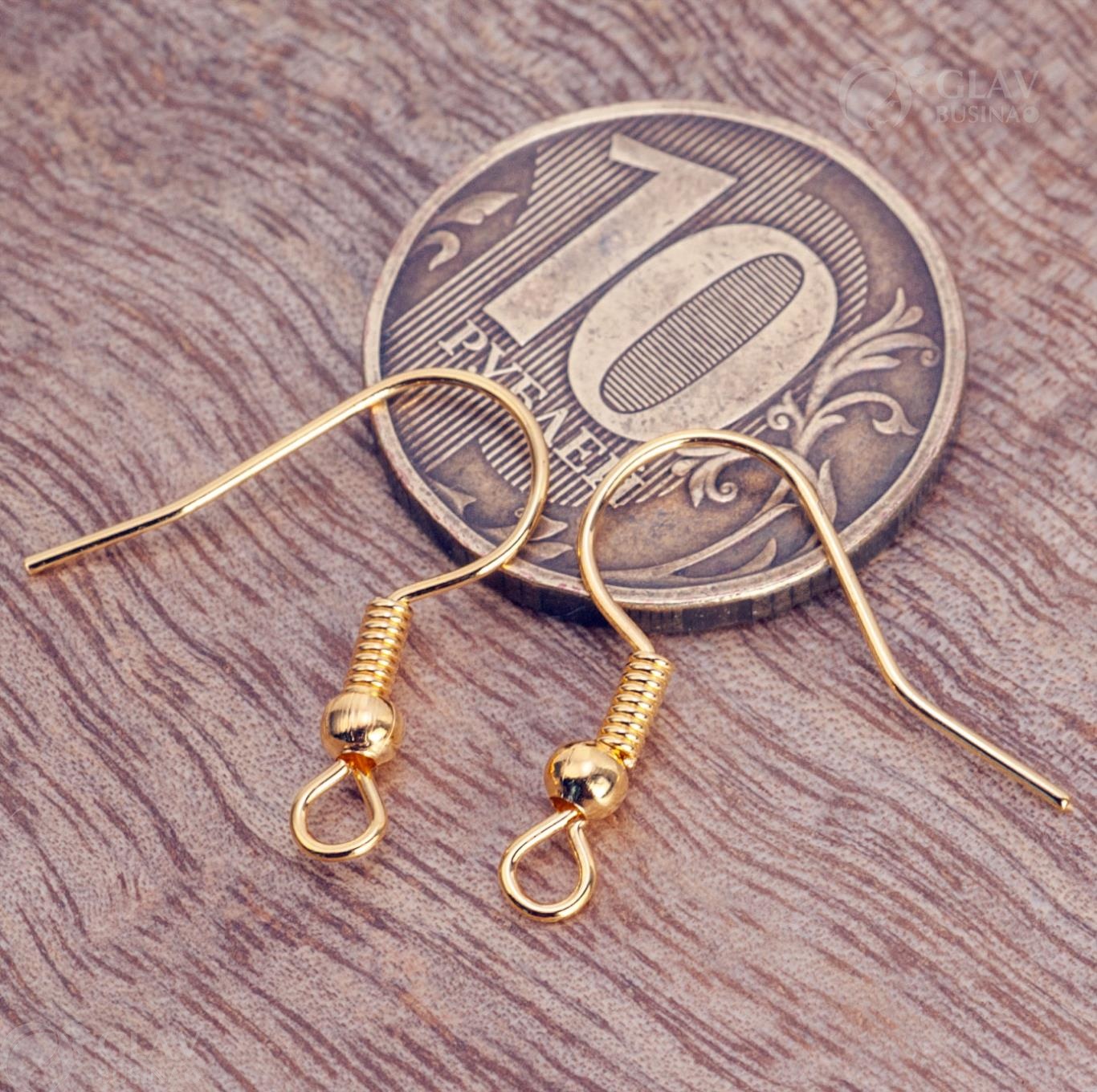 Железные швензы-крючки с шариком и пружиной, цвет - желтое золото, 18x18x0.6мм, для создания сережек ручной работы.