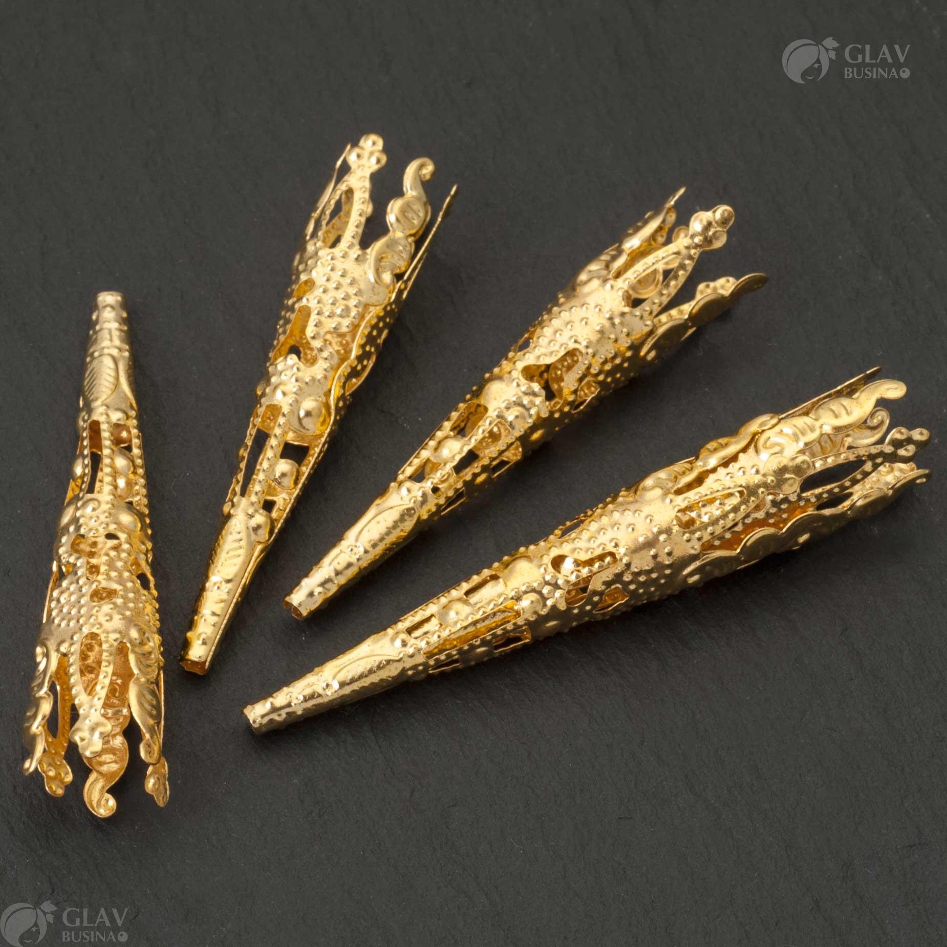 Шапочки-конусы из металла, размер 40x8мм, отверстие 1мм, цвет "русское золото", для украшений и ремесла.