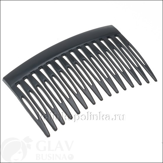 Пластиковый гребень черного цвета, с 15 зубцами и размерами 70х45 мм. Надежный аксессуар для укладки волос.